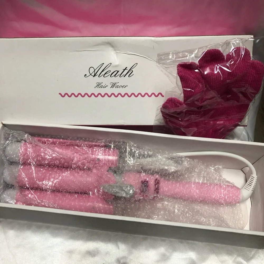 Aleath Pink Hair Waver 3‎ Barrel Curling Wand Hair Crimper LCD 1.25”inAdjustable